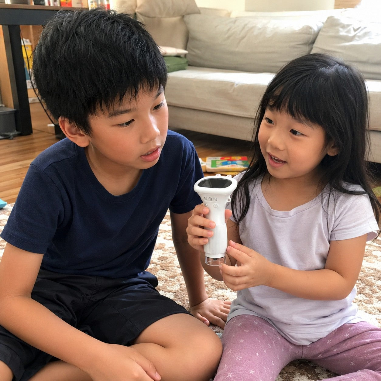 Two child hands at a wooden table, one gripping a white bunny microscope on blue woven fabric and the other resting beside it