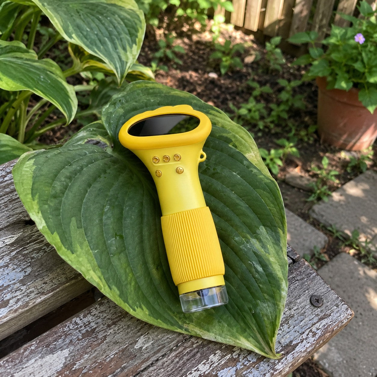 Correct yellow scope rests on a large green leaf on a worn garden bench