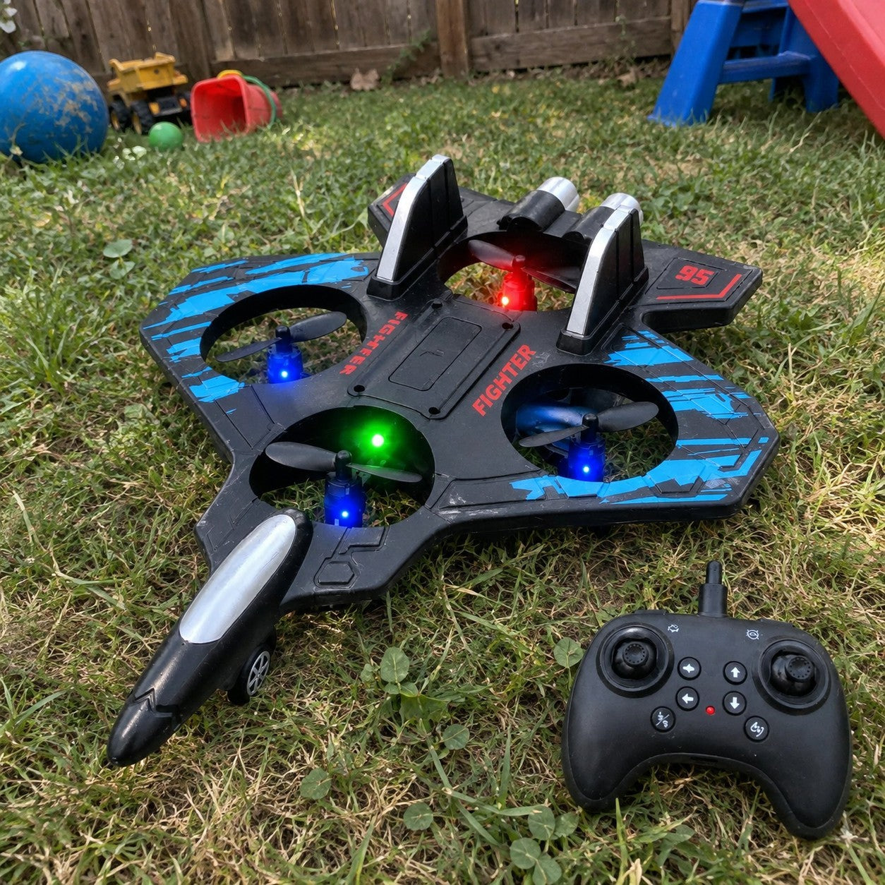 Stunt jet lying whole on backyard grass after a tumble