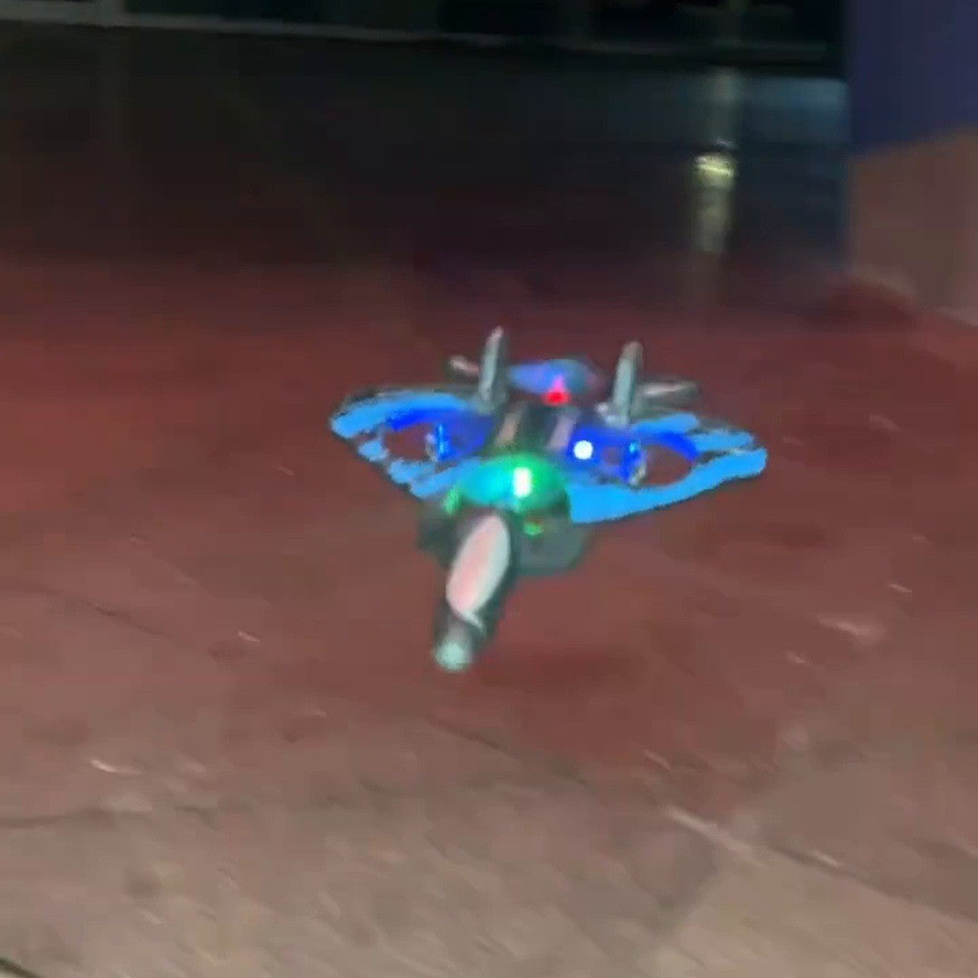 Stunt jet glowing blue and green over dark pavement