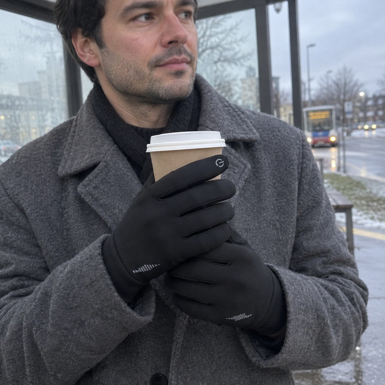 Gloved hands holding a coffee cup at a frosty bus stop
