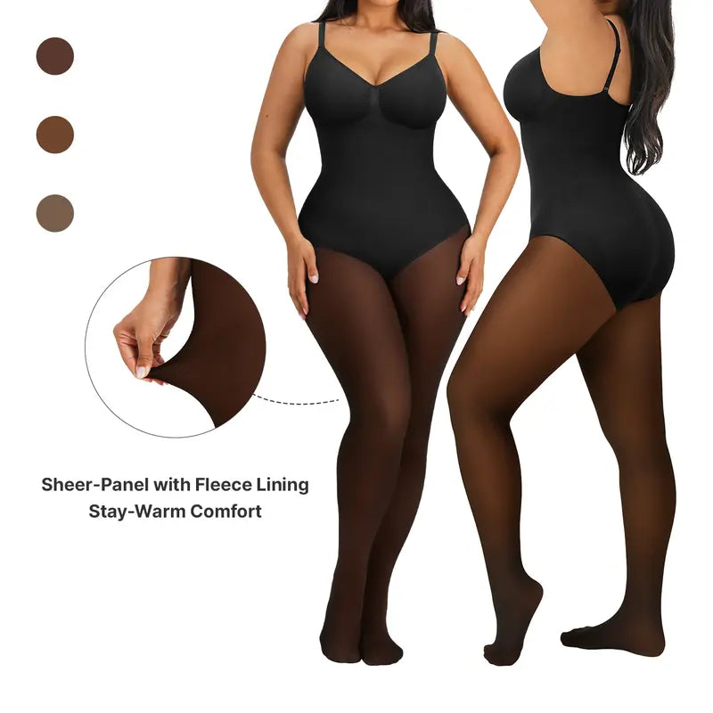 Front and back views of the one-piece fleece-lined bodysuit and tights