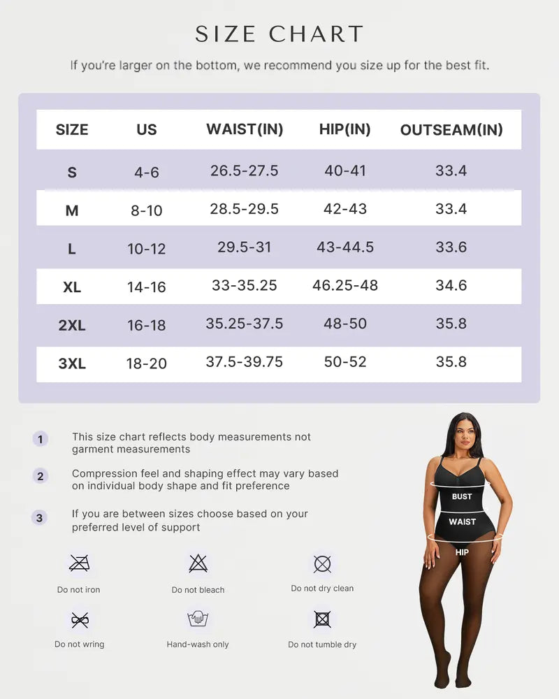 Size chart for S through 3XL with waist and hip measurements in inches